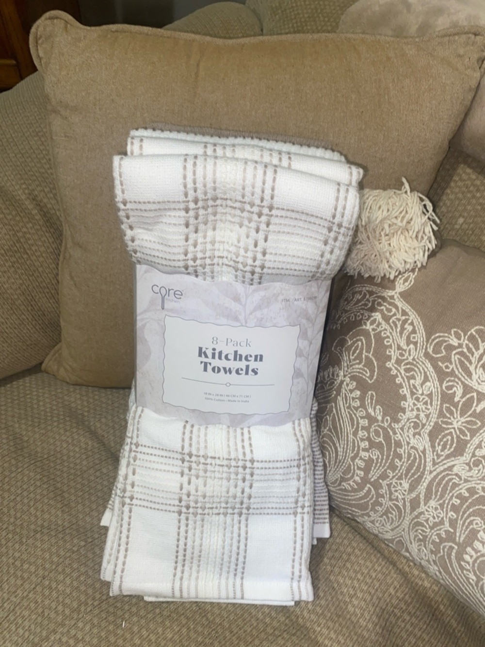 🤍🧁🤍NWT Core 100% Cotton Home White & Tan Kitchen Towels - 8 Pack